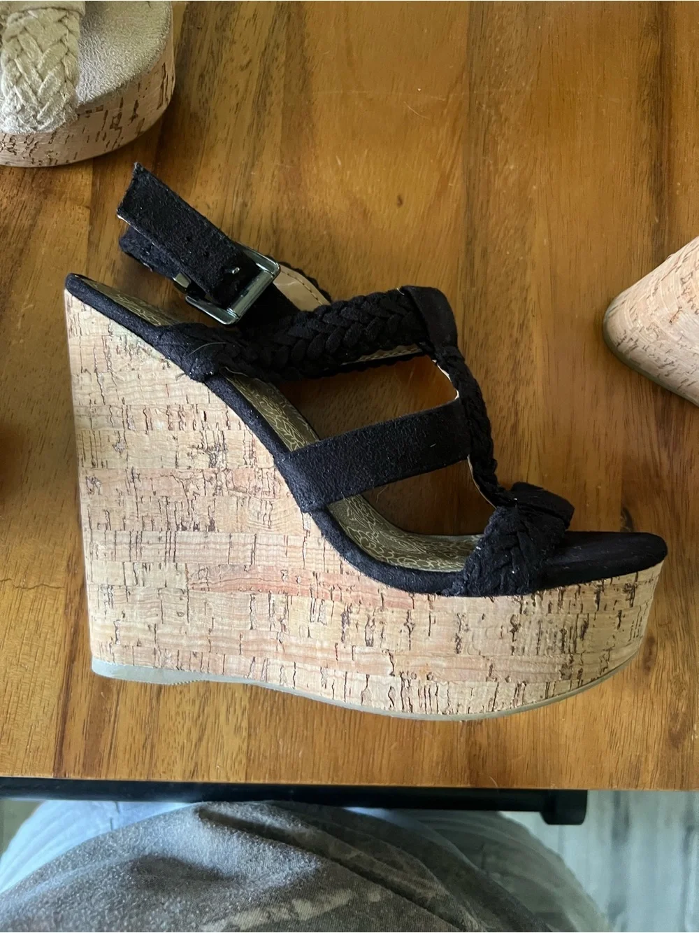 Soda Braided Wedge Sandals - Beige and Black 8.5